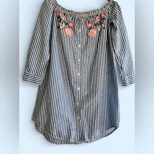 Cotton On Navy Striped Dress with Floral Embroidery